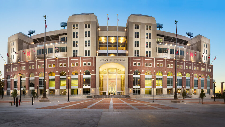 Photo of the east side of Memorial Stadium, which has the Center for Brain, Biology & Behavior on the left side.